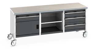 Bott Cubio Mobile Storage Workbench 2000mm wide x 750mm Deep x 840mm high supplied with a Linoleum worktop (particle board core with grey linoleum surface and plastic edgebanding), 4 x drawers (3 x 150mm & 1 x 200mm high), 1 x 350mm high integral... 2000mm Wide Storage Benches